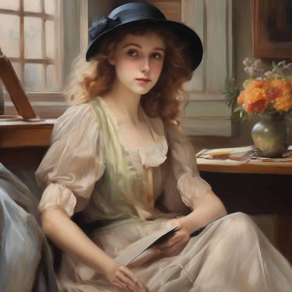 Αφαίρεση ως εσωτερική έκφραση, γυναικεία πορτρέτο με άνετα ρούχα και καπέλο, στούντιο πορτρέτο, τέχνες και αυτοέκφραση.