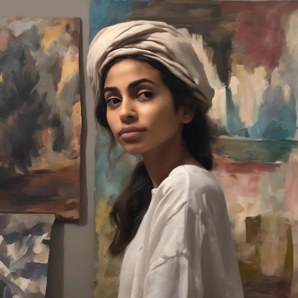 Ανθρώπινη μορφή με εσωτερική έκφραση σε γυναικεία παρουσία και καλλιτεχνικά έργα ζωγραφικής στο φόντο.